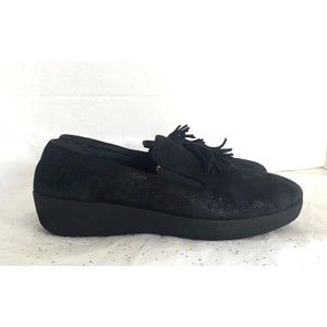 Fitflop Black Suede Shimmer Superskate Tassel Slip on Loafer  Size 8 Comfort